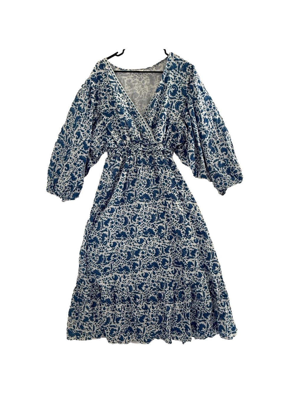 Pomegranate 100% Cotton Blue White Floral India Boho Prairie Midi Dress M